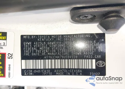 2022 Toyota Camry Se Hybrid z USA, uszkodzony, nr VIN 4T1G31AK7NU594559